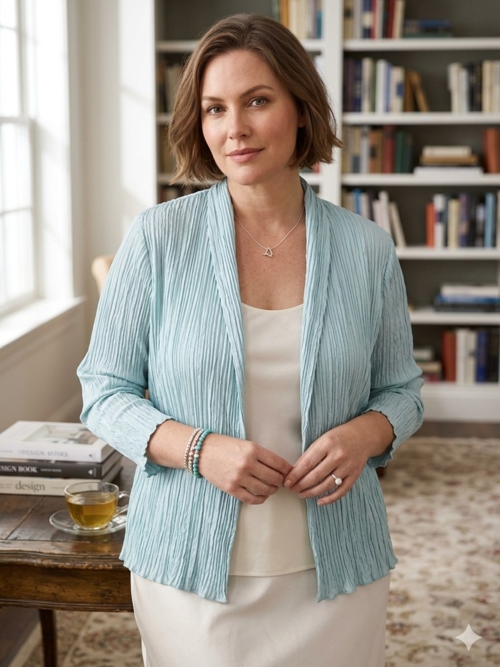 Eileen Fisher Crushed Pool Blue Silk Stand Collar Open-Front Cardigan/Jacket XL - Picture 1 of 11